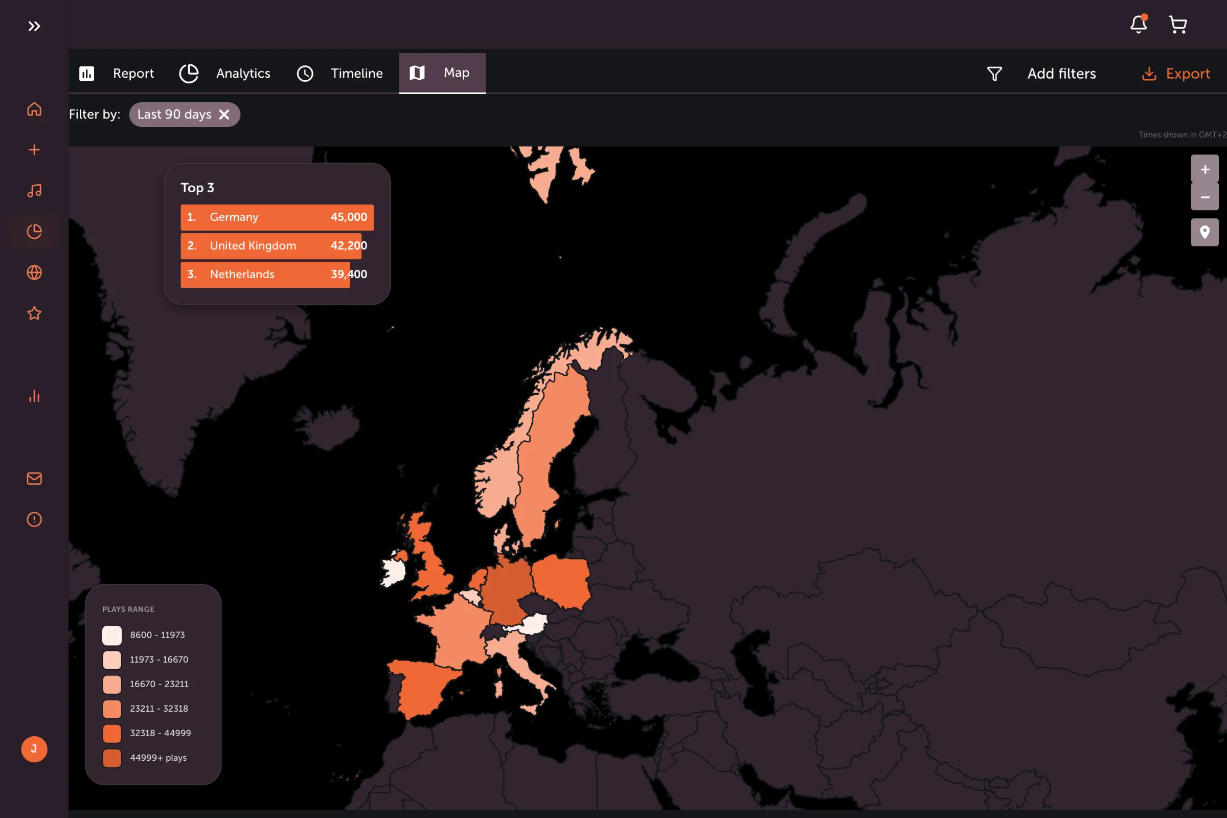 WARM dashboard — real-time airplay across the world map
