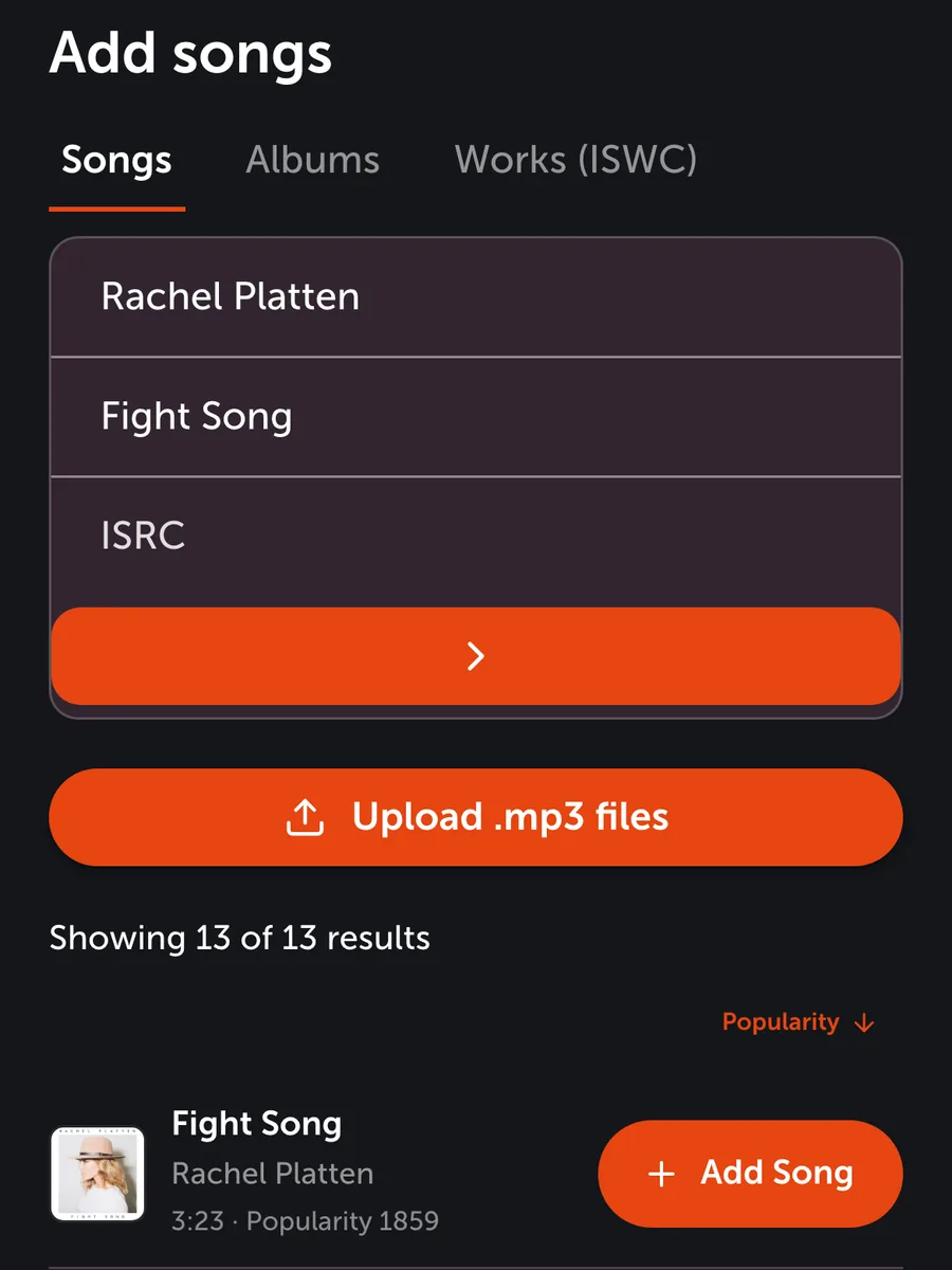 Step 1: Add your song: find it by title and artist in your WARM account.